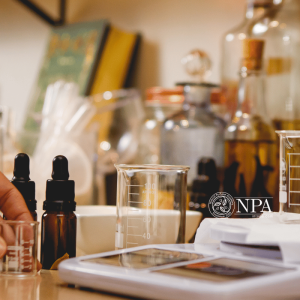 A gold embossed book, perfumers scales and bottles of essential oils on a workbench