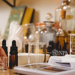 A gold embossed book, perfumers scales and bottles of essential oils on a workbench