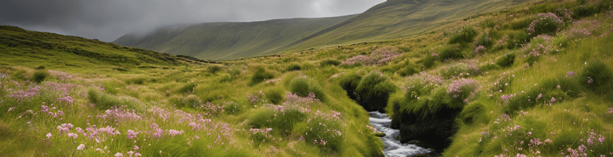 natural Irish bog with heather and bog cotton flowers