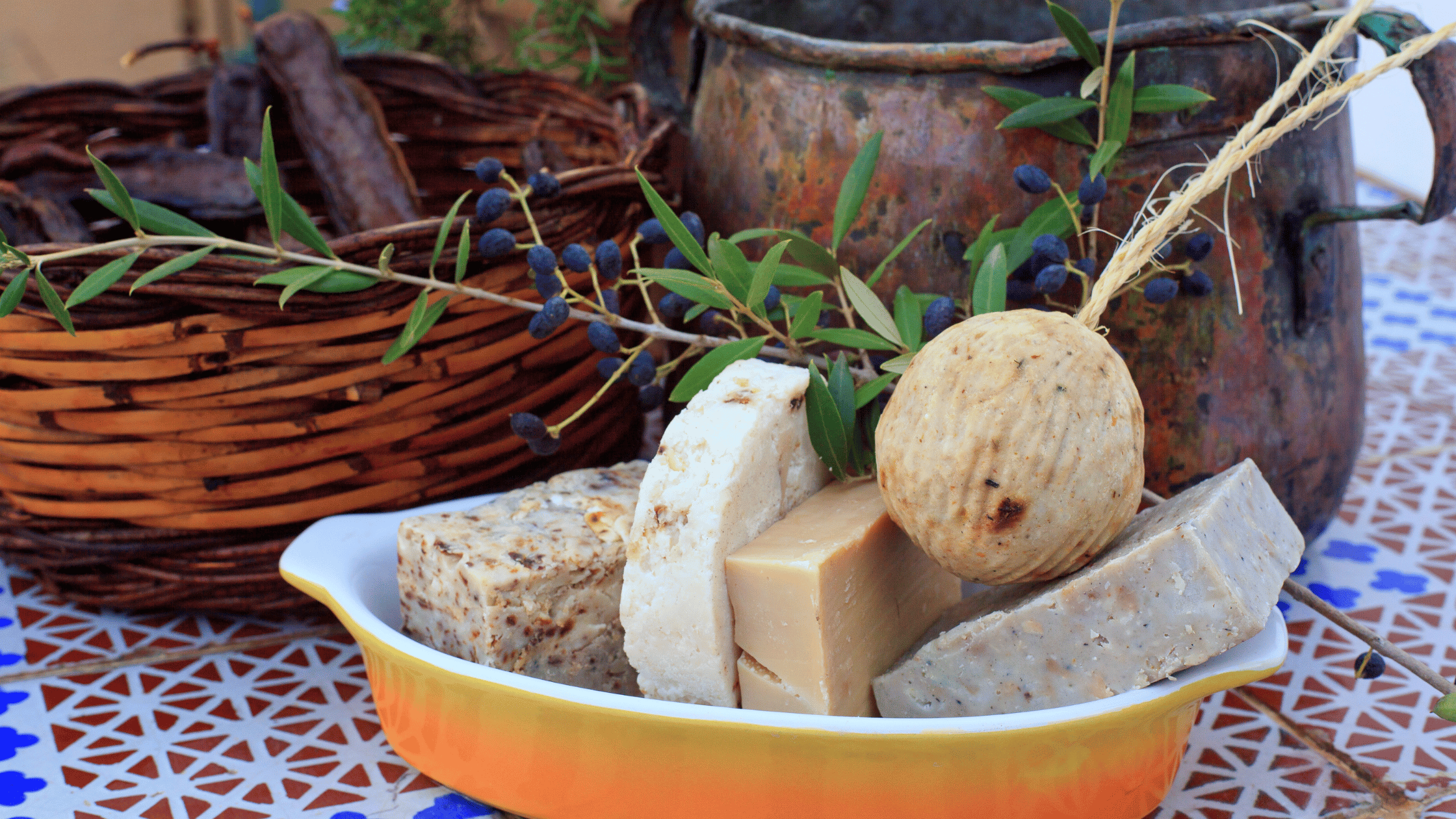 Handmade soap stamped with a natural design, displayed on a wooden soap dish.