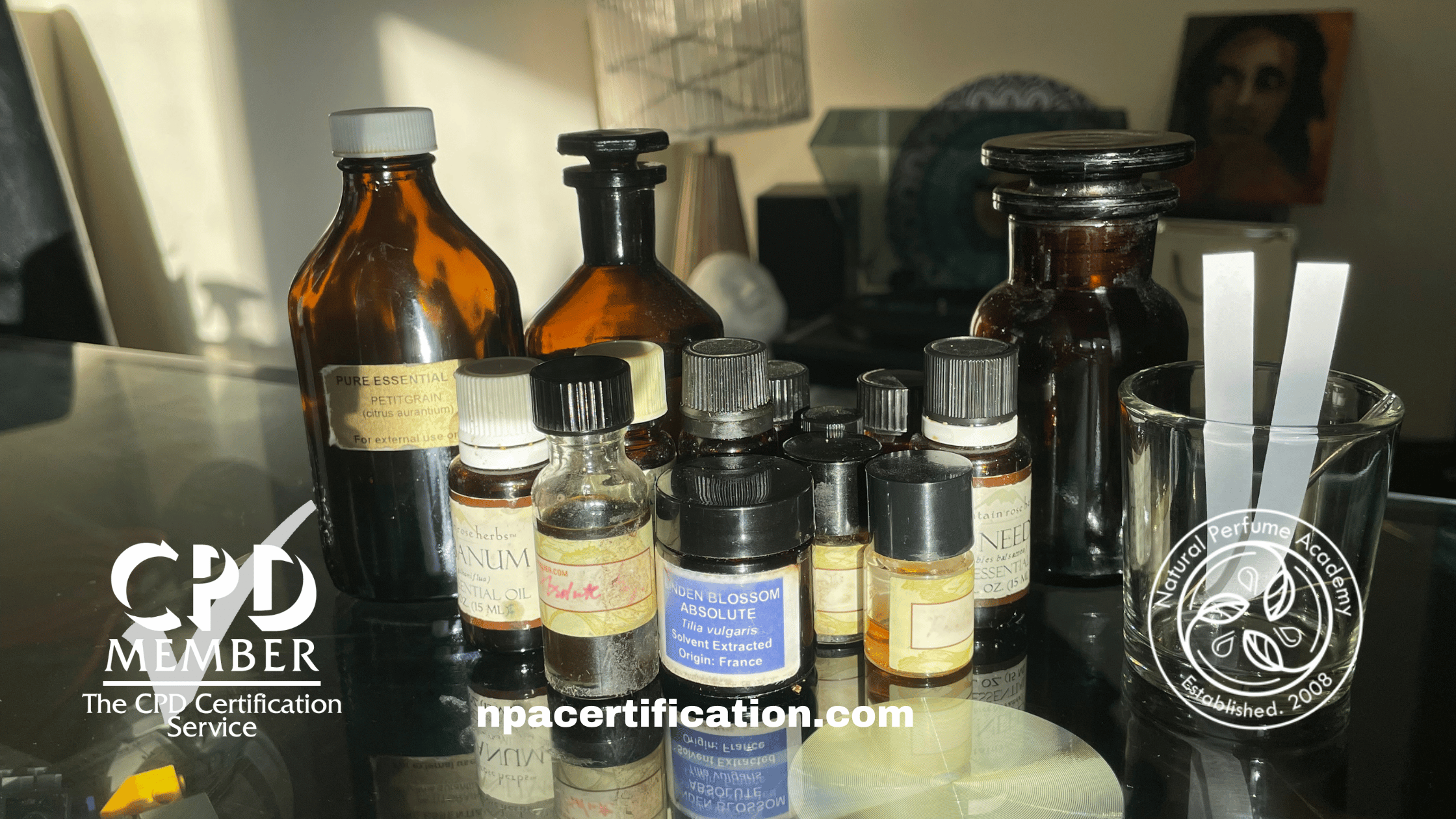 a small collection of different sized and coloured bottles of essential oils and absolutes