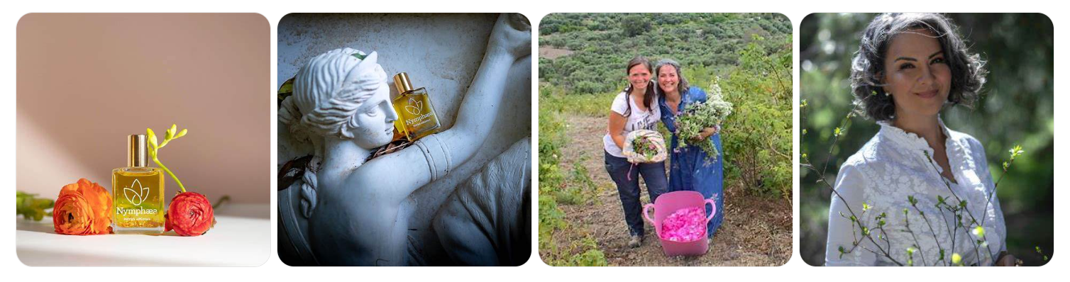 A collage of four images showcasing Nymphaea Aromatic Wellness: two perfume bottles surrounded by natural elements, Zoe Strantzali harvesting botanicals in Greece, and a portrait of Zoe in nature.