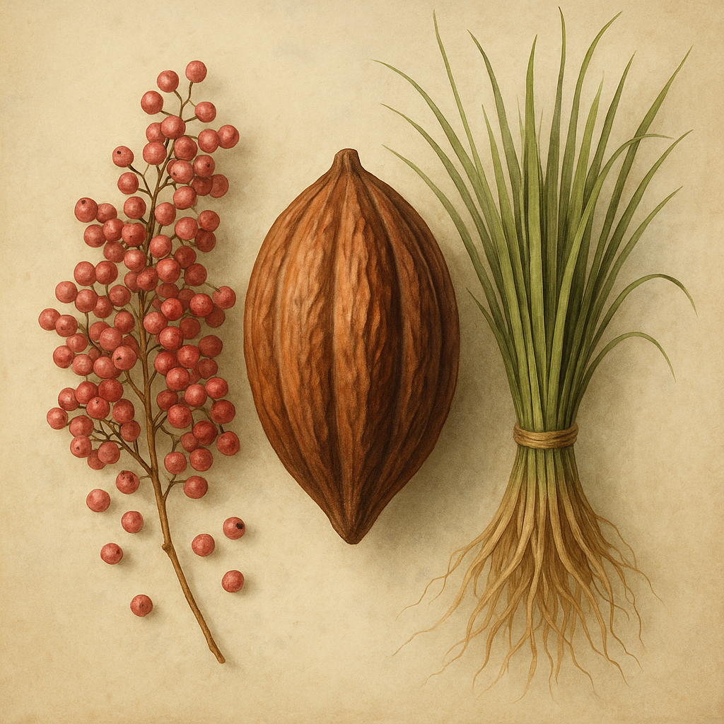 pink pepper, cacao, and capim rosa