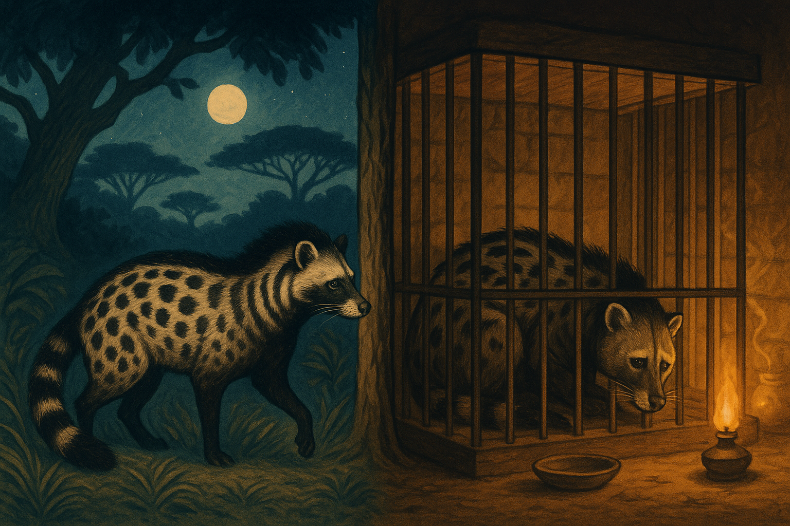 The African civet (Civettictis civetta), a nocturnal mammal native to sub-Saharan Africa. Civets secrete a musky paste used in perfumery. Ethiopia’s civet farms have supplied musk to perfumers for centuries, with civet musk historically “valued above gold” as an export naturalnicheperfume.com . Modern ethical concerns have greatly reduced its use.