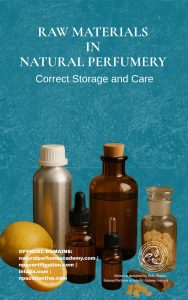 The book Cover has A teal blue textured background with the Natural Perfume Academy logo and then different types of natural raw perfumery materials storage bottles, such as aluminium, brown glass, rubber stoppered and clear glass with glass stoppers. There is a lemon and some resins in the photo also.