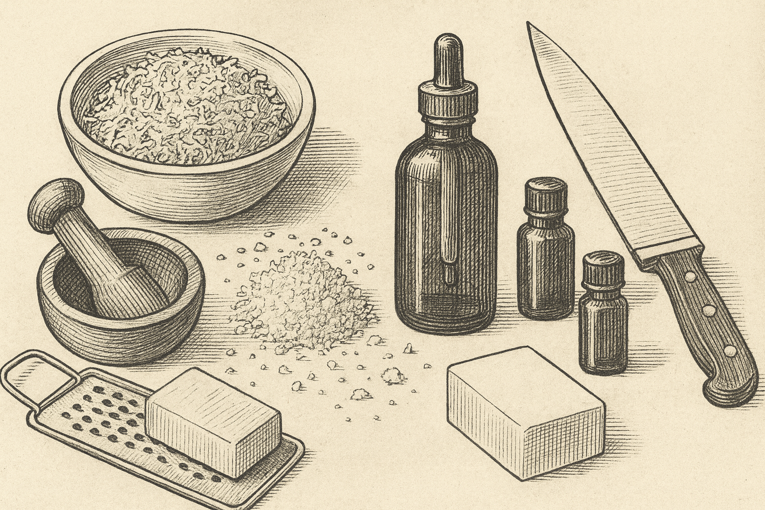 Tools and materials for cold perfuming soap with essential oils, including grated soap, mortar and pestle, glass bottles, and unscented soap bar.