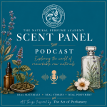 Natural Perfume Academy Scent Panel podcast cover featuring botanical perfume illustrations, vintage perfume bottles, and artwork inspired by natural perfumery and raw materials.