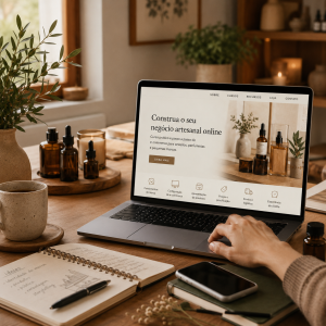 Espaço de trabalho artesanal com laptop exibindo o curso Construa Seu Negócio Artesanal Online, acompanhado de frascos, caderno e materiais de trabalho.