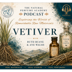 Natural Perfume Academy Scent Panel podcast cover for Episode 3 on vetiver with Ane Walsh, featuring vetiver grass, deep roots, aged essential-oil bottles and bundled vetiver roots.