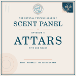 Natural Perfume Academy Scent Panel cover for Episode 4, Attars with Ane Walsh, in cream, teal and copper.